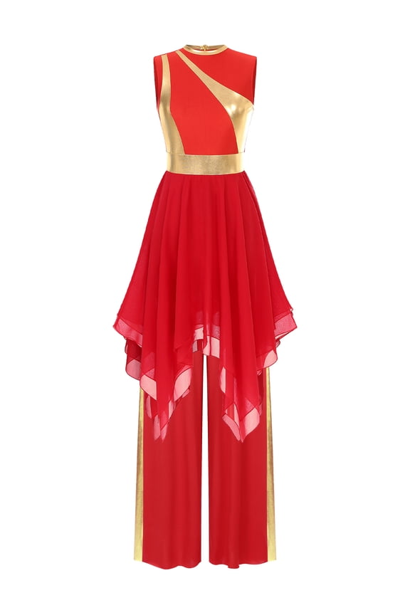 Women Praise Dance Dress Metallic Irregular Tunic Dress with Pants Worship Liturgical Red M