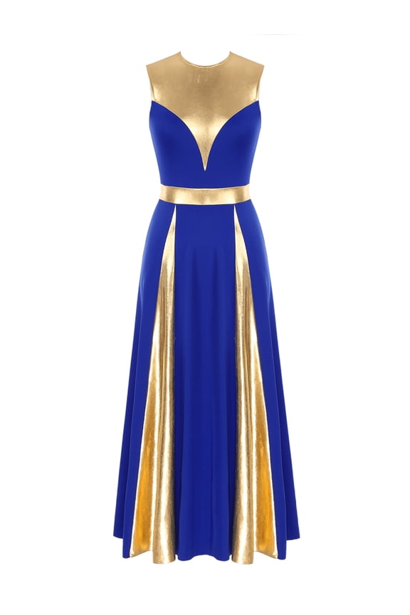 Women Sleeveless Metallic Praise Dance Tunic Overlay Lyrical Modern Dance Performance Blue XXL