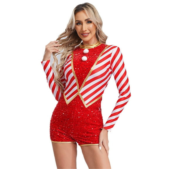 Kvysinly Women's Christmas Candy Cane Leotard Bodysuit Costume Mock Neck Long Sleeve Santa Jumpsuit Red S