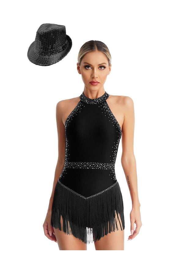 Women's Latin Jazz Dance Costumes Glittery Fringed Bodysuit Leotards with Hat Figure Skating Black L