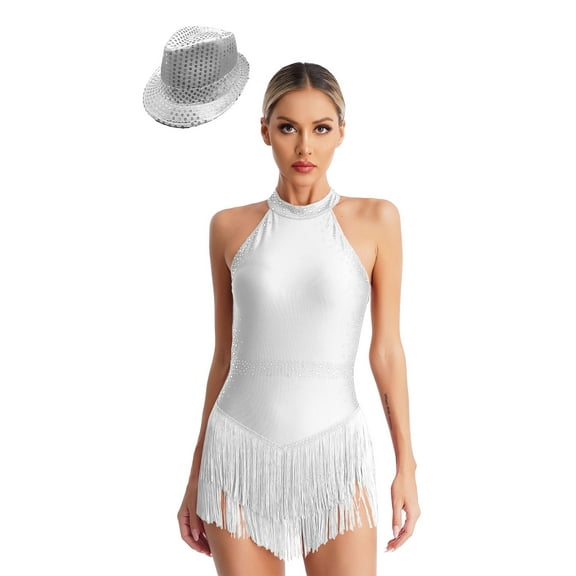 Kvysinly Women's Latin Jazz Dance Costumes Glittery Fringed Bodysuit Leotards with Hat Figure Skating White S