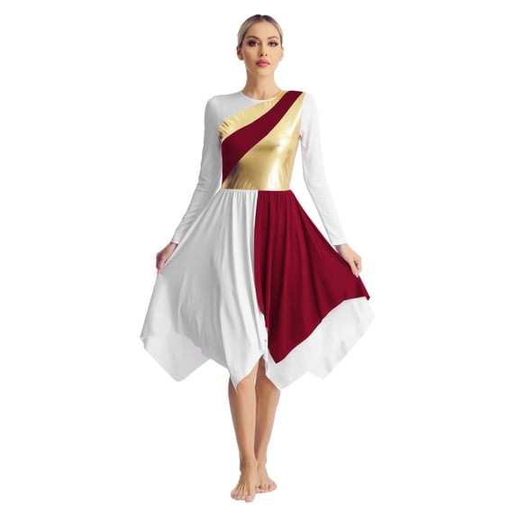 Kvysinly Women's Metallic Gold Color Block Liturgical Praise Dance Dresses Christian Church Robe Burgundy&White L