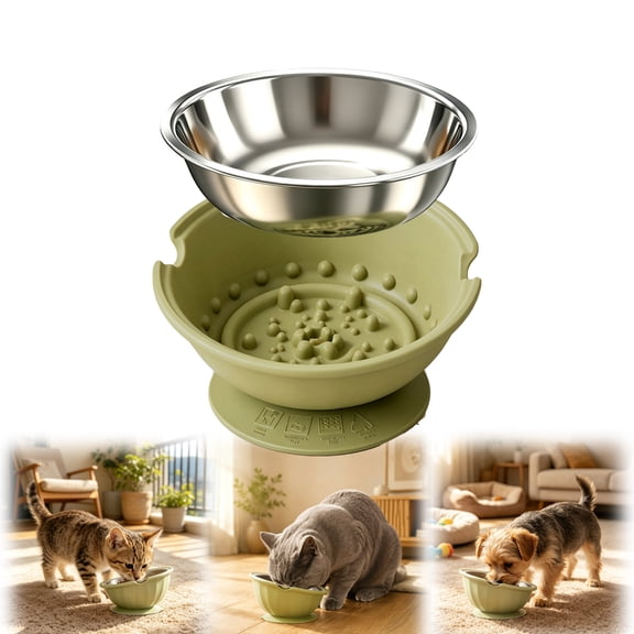Kwa Heri Dual-Use Slow Feeder Lick Bowl, Suction Cups Anti-Tip Design Pet Food Bowls, 15° Tilted Stainless Steel Pet Bowl, Anti-Choking Puzzle Pet Food Bowls for Dog & Cat(Green)
