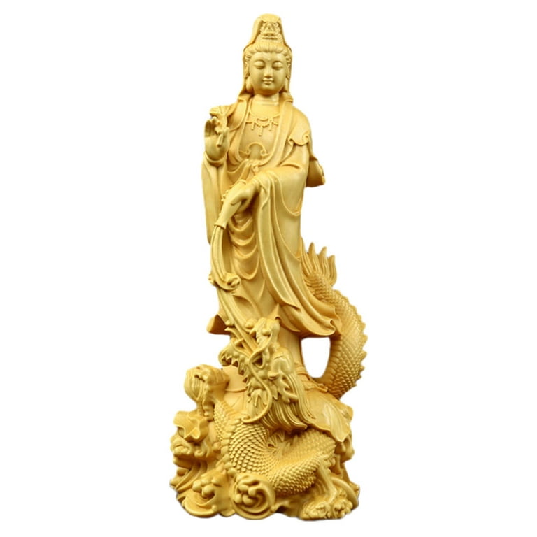 Kwan-yin Statue Chinese Carving Crafts Temple Ornament Wooden Decoration, Size: 6.69 x 2.44 x 2.17