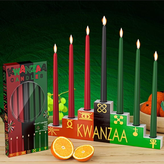 Kwanzaa Kinara Set With Dripless Taper Candles - 3 Red, 3 Green, 1 Black - Double Sided Wooden Celebration Decorations - Trapezoid Candle Holder for Table