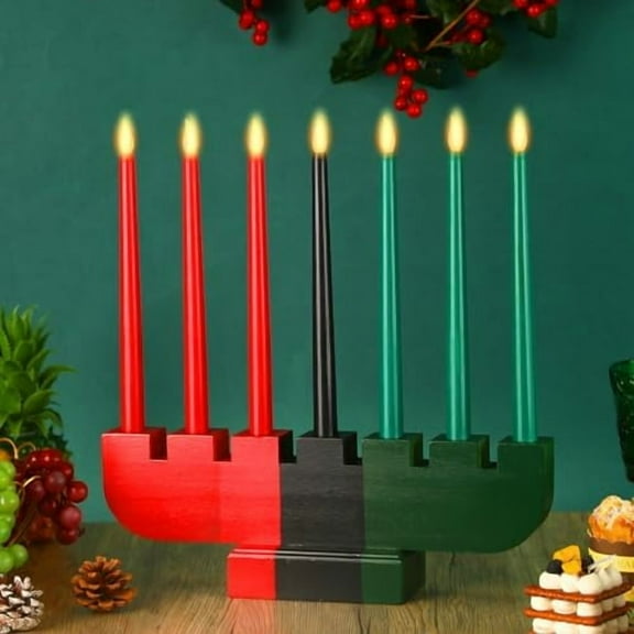 Kwanzaa Kinara Set Kwanzaa Taper Candles Set 3 Red 3 Green 1 Black Kwanzaa Wooden Candle Holder Battery Operated Kwanzaa Taper Candles LED Candles for Kwanzaa Table Centerpiece Decor