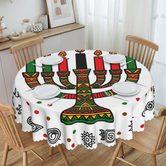 Kwanzaa Kinara Tribal Symbol Round Round Tablecloth Waterproof Oil Proof Spill Proof Table Cloth 70" for Camping, Dining, Indoor and Outdoor Table Cover