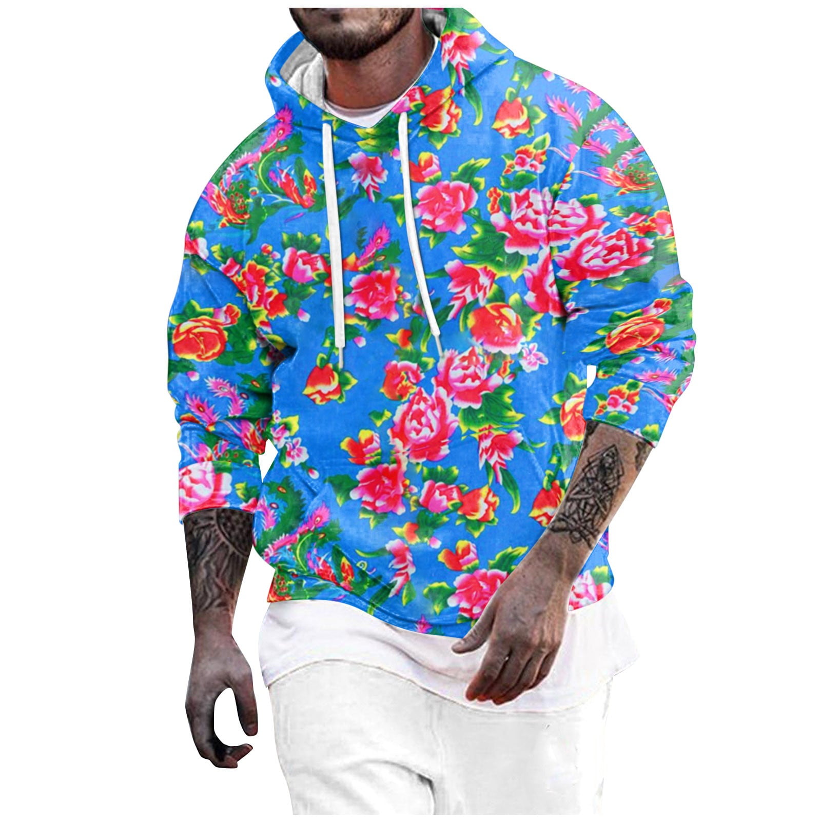 Kwasome Autumn And Winter Hoodies For Mens Male Spring And Large Flower All Print Long Sleeve Round Neck Hooded Floral Fashion Trend Bottoming