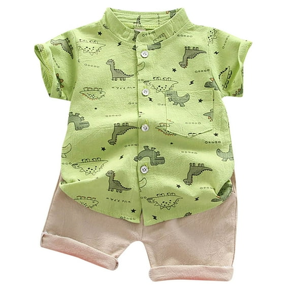 Kwasome Boys Festival Outfits Baby Short Sleeve Lapel Cartoon Dinosaur Prints T-shirt Toddler Set Relax Fit Clothes Set Green 12-18 Months