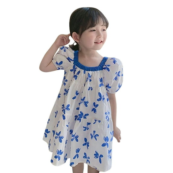 Kwasome Gilrs Sundress 4 Years Old Girl Clothes Toddler Kids Baby Girls Clothes Summer Puff Sleeve Butterfly Pattern Princess Dress Casual Beach Dresses Outfits 3-4 Years,Blue