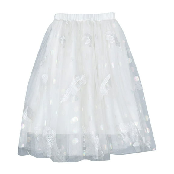 Kwasome Girls Summer Dresses Thanksgiving Dress Baby Girl Little Child Girls Long Skirt High Waist Mesh Half Skirt Feather Spotted Skirt Cute Skirt For Girls 8-9 Years,White