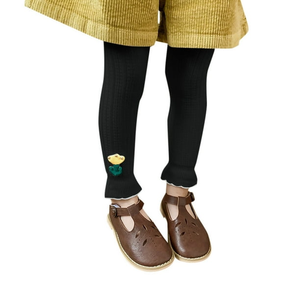 Kwasome Kid Girls Pants Toddler Kids Baby Cartoon Flower Warm Cable Knit Classic Solid Color Ankle Leggings Pants Footless Tights Comfortable Girl Clothings 4-6 Yearsblack
