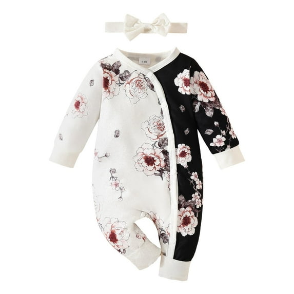 Kwasome Kid Rompers For Girls Girls Long Sleeve Floral Prints Pullover Romper Jumpsuit Clothes White Fashion Kid Rompers For Girls 12-18 Months