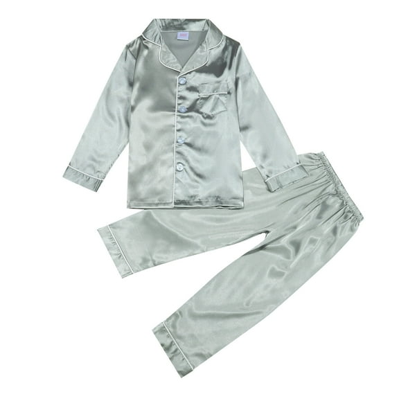 Kwasome Outfits For Boys Girls Kids Satin Pajamas Set Button Down Sleep Shirt Top Long Pants Bottoms Sleepwear Loungewear Clothes Grey Daily Wear 3-4 Years