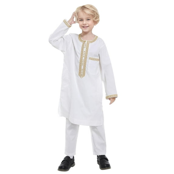 Kwasome Outfits For Boys Girls Round Long Sleeves Robe Suit Ational Middle Teenage Embroidered Robe Suit Arab Children'S Wear Out Wear White Daily Wear 13-14 Years