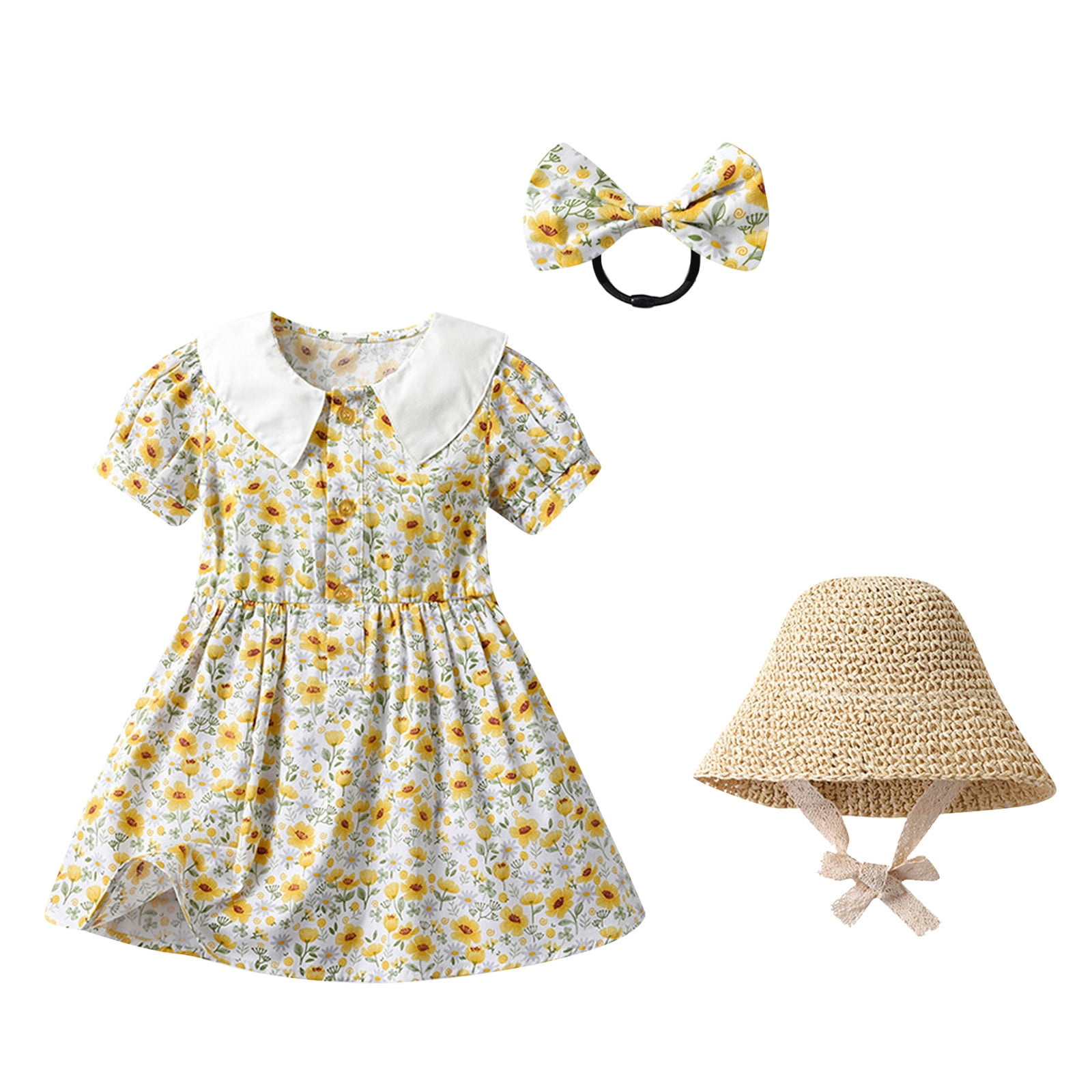 Kwasome Summer Dress For Girls 4 Years Old Girl Clothes Kids Toddler Baby Girls Spring Summer Print Floral Short Sleeve Princess Dress Hat Headbands 3Pc Outfits Clothing 3-4 Years,White