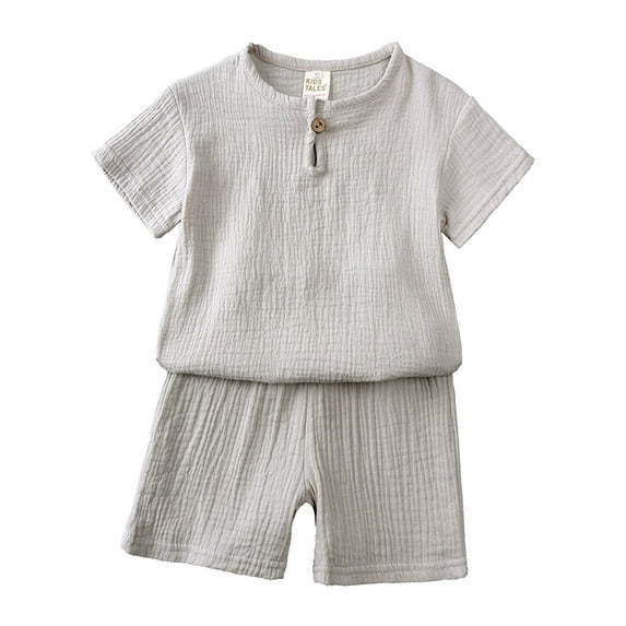Kwasome Summer Outfits For Boys Girls Toddler Kids Solid Color Pullover Short Sleeve Cotton Linen Sweatshirt T Shirt Crewneck Tops Shorts Set Clothes Grey Playsuit 4-5 Years
