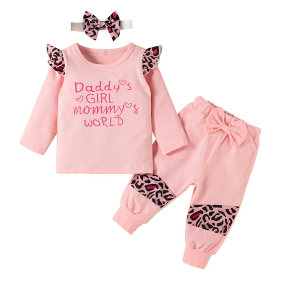 Kwasome Summer Outfits For Girls 2024 Summer Girls Clothes Toddler Baby Letter Leopard Print Top+Bow Trouser Pants Outfits Set 0-6 Months Pink