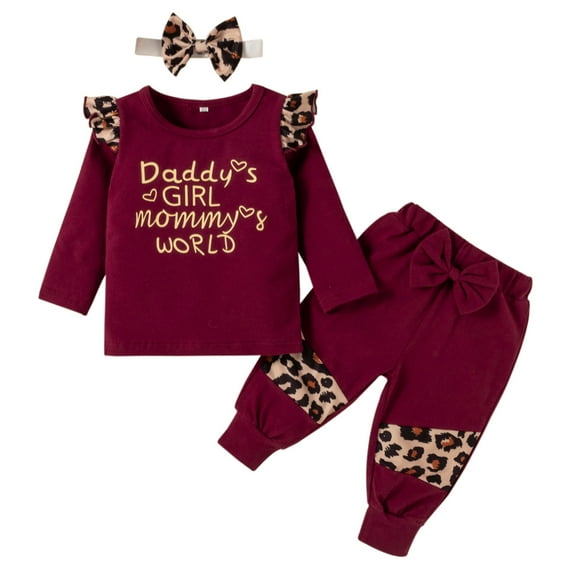 Kwasome Summer Outfits For Girls 2024 Toddler Baby Letter Leopard Print Top+Bow Trouser Pants Outfits Set Girls Clothes 6-12 Months Red