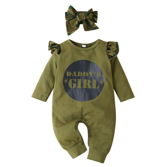 Kwasome Toddler Girl Fall Outfits Autumn Long Sleeve Round Neck Fashion Camouflage Infant Alphabet Print Jumpsuit Girls' Crawling Suit Elegance Outing Clothes Green 3-6 Months