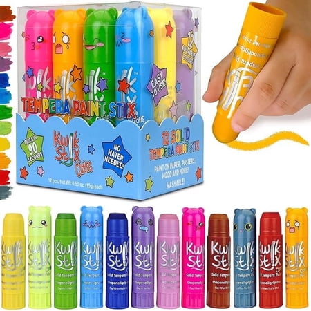 Kwik Stix Cuties Washable Paint Sticks for Kids & Toddlers, 12 Non-Toxic Colors, Quick-Drying, Allergen-Free, Solid Tempera with Cute Caps Solid Tempera with Cute Caps