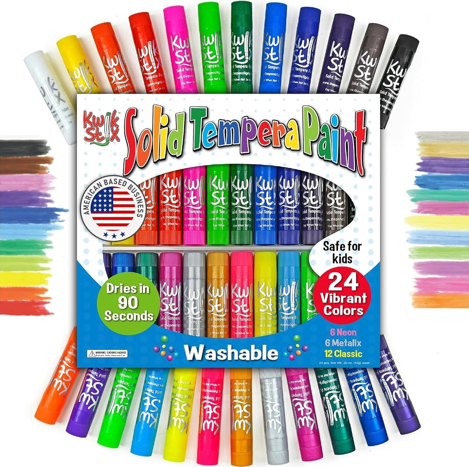 Kwik Stix Solid Tempera Paint Sticks, 24 Count, Washable, Quick-Drying, Non-Toxic, Classic, Neon & Metallic Colors