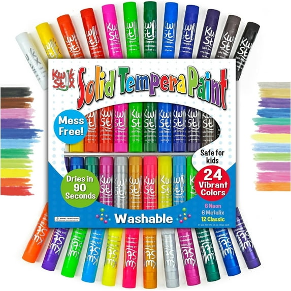 Kwik Stix Solid Tempera Paint Sticks, 24 Count, Washable, Quick-Drying, Non-Toxic, Classic, Neon & Metallic Colors
