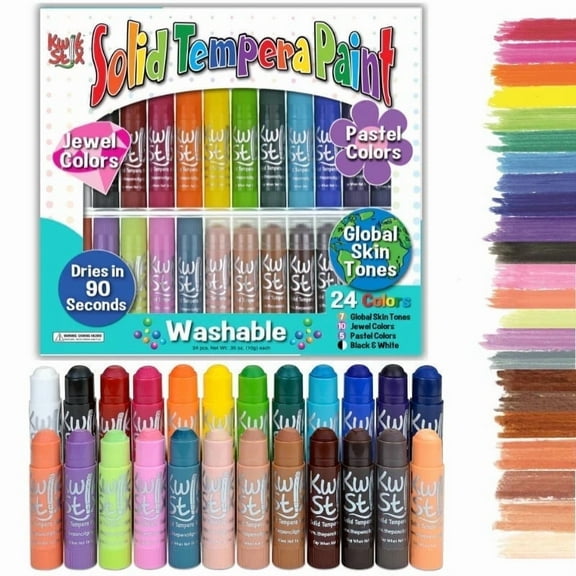 Kwik Stix Solid Tempera Paint Sticks, 24 Count, Washable, Quick-Drying, Non-Toxic, Pastel, Jewel, Skin Tone, and Black & White Colors