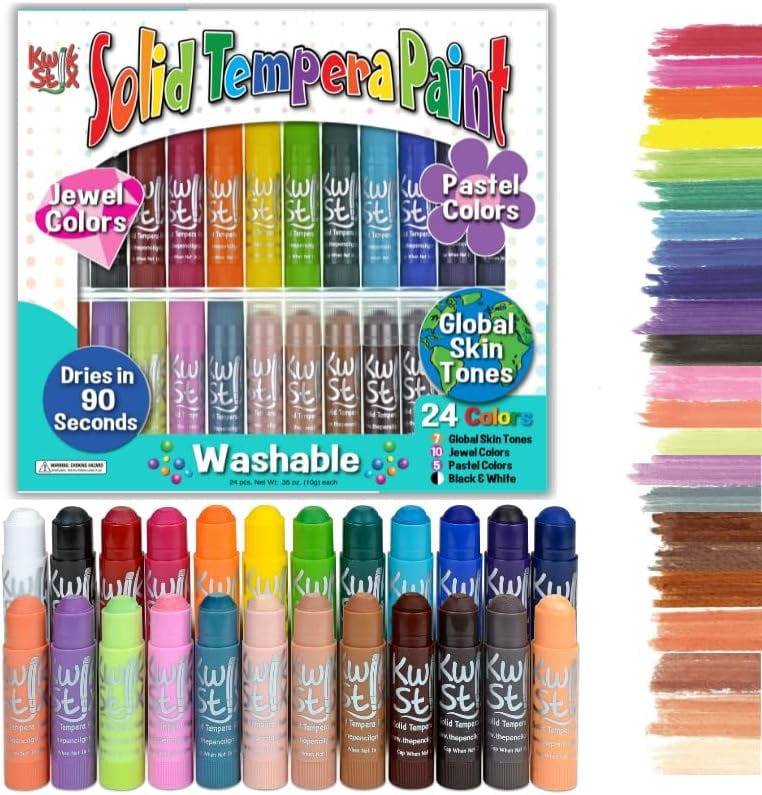 Kwik Stix Solid Tempera Paint Sticks, 24 Count, Washable, Quick-Drying, Non-Toxic, Pastel, Jewel, Skin Tone, and Black & White Colors