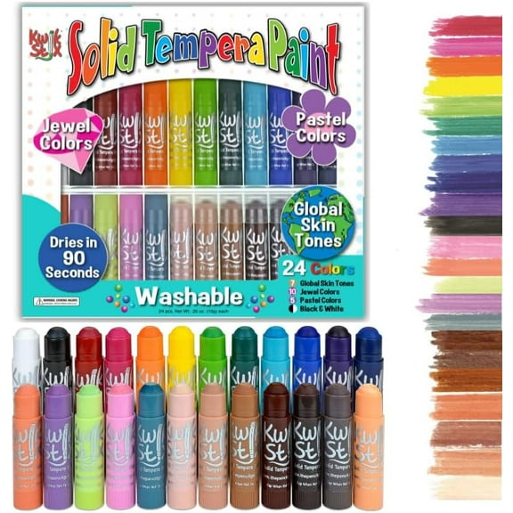 Kwik Stix Solid Tempera Paint Sticks, 24 Count, Washable, Quick-Drying, Non-Toxic, Pastel, Jewel, Skin Tone, and Black & White Colors