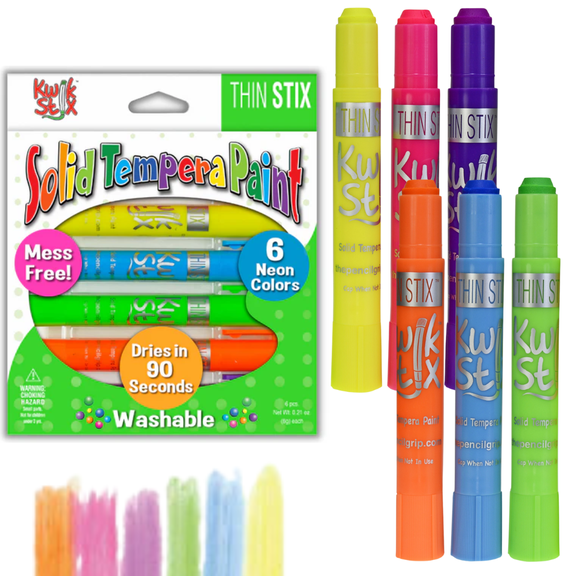 Kwik Stix Thin Stix Solid Tempera Paint Sticks, 6 Neon Colors, Washable Paint Sticks for Kids, Super Quick Drying, Non-Toxic, Allergen Free, Paint Sticks in Neon Colors, Paint for Kids and Toddlers