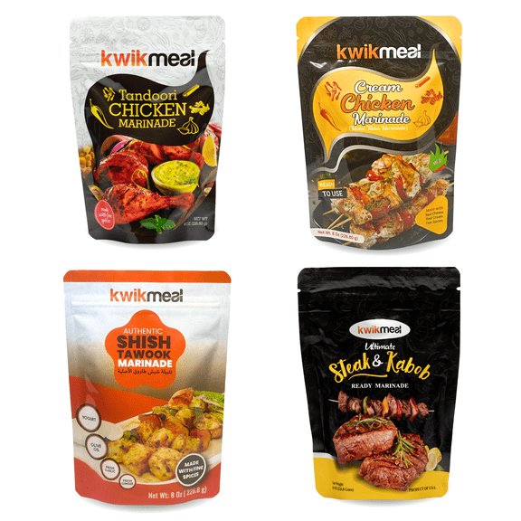 KwikMeal Indian BBQ Marinade Variety Pack, 4 Count (8 oz Each) Tandoori Chicken, Malai Tikka, Shish Tawook & Steak Kabob Ready-to-Use Marinade