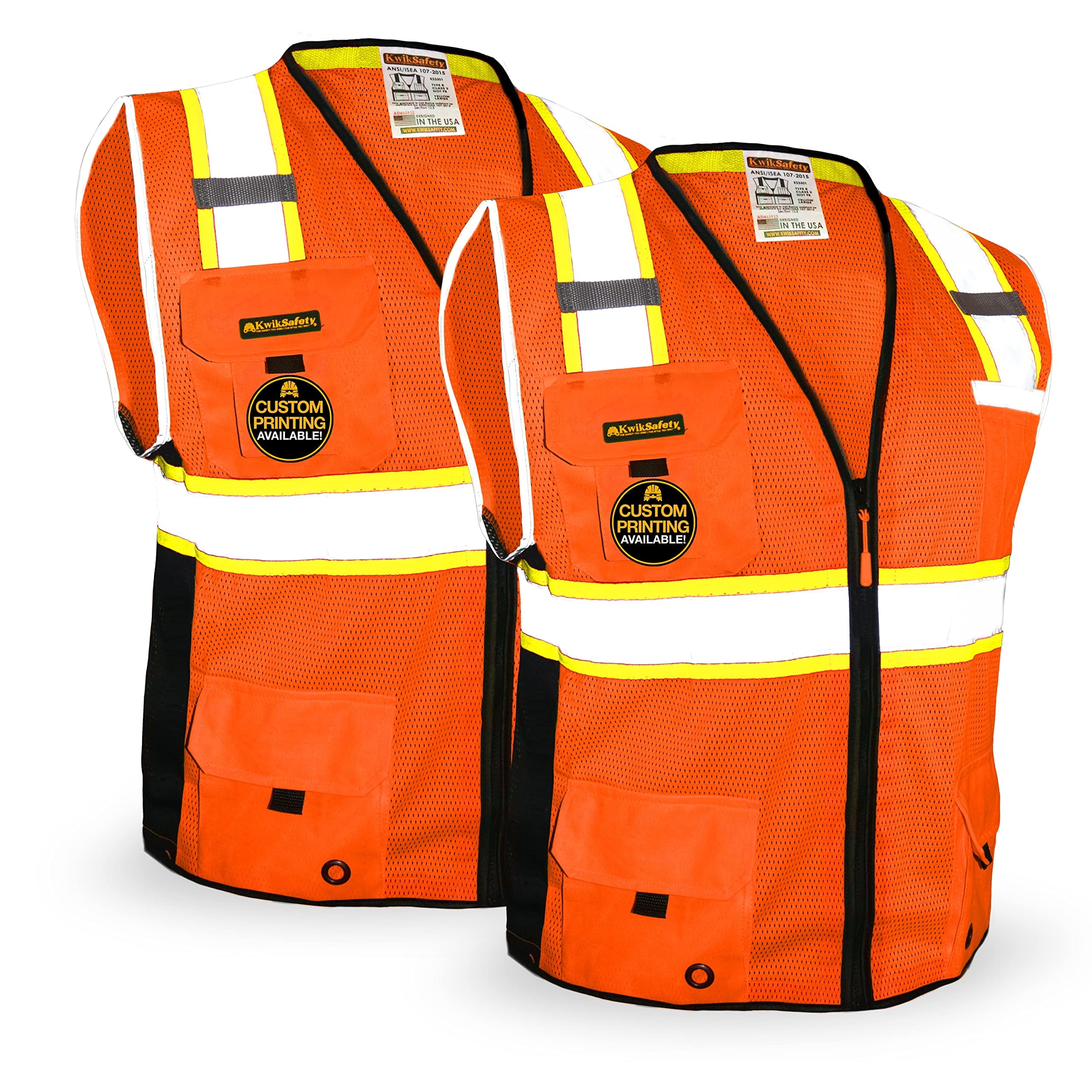 KwikSafety (Charlotte, NC) BIG KAHUNA (2 PACK) Safety Vest 11 Pockets ANSI Class 2 OSHA Reflective High Visibility Heavy Duty Surveyor Construction Mesh Hi Vis Zipper Men's Work Gear | Orange X-Large
