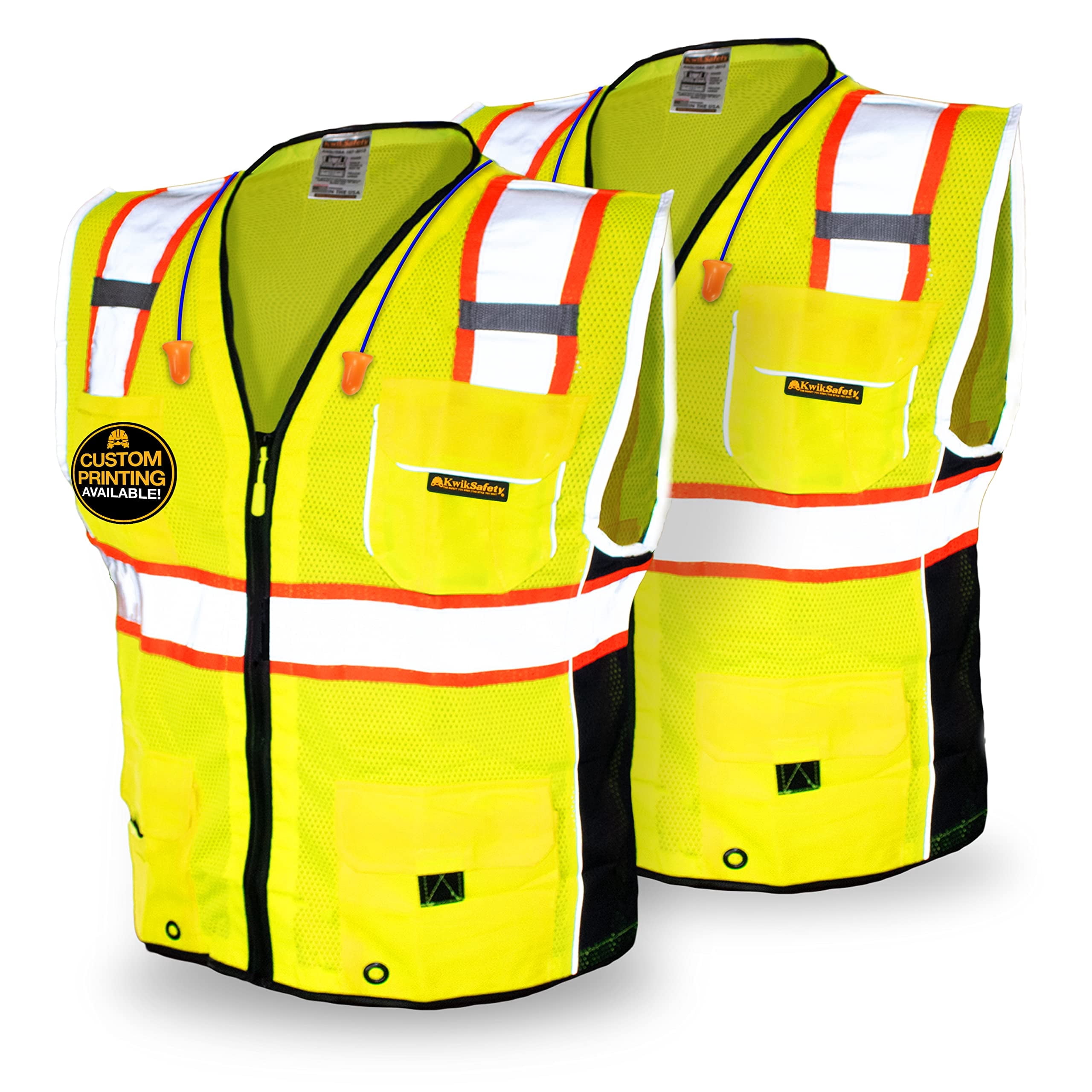 KwikSafety (Charlotte, NC) CLASSIC Safety Vest | 2 PACK | 10 Pockets Class 2 ANSI OSHA High Visibility Reflective Heavy Duty Mesh Zipper HiVis Construction Work Gear HiViz Men Women | Yellow Medium