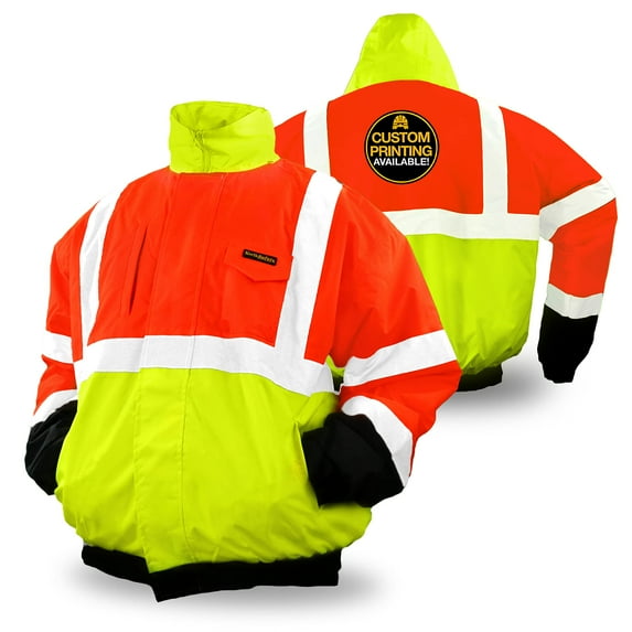 KwikSafety (Charlotte, NC) DISPATCHER Bomber Safety Jacket (FOLDABLE HOOD) Tri-Color Class 3 Hi Visibility Water Resistant ANSI OSHA Reflective Hoodie Warm Winter Gear Men | Orange/Yellow Extra Large