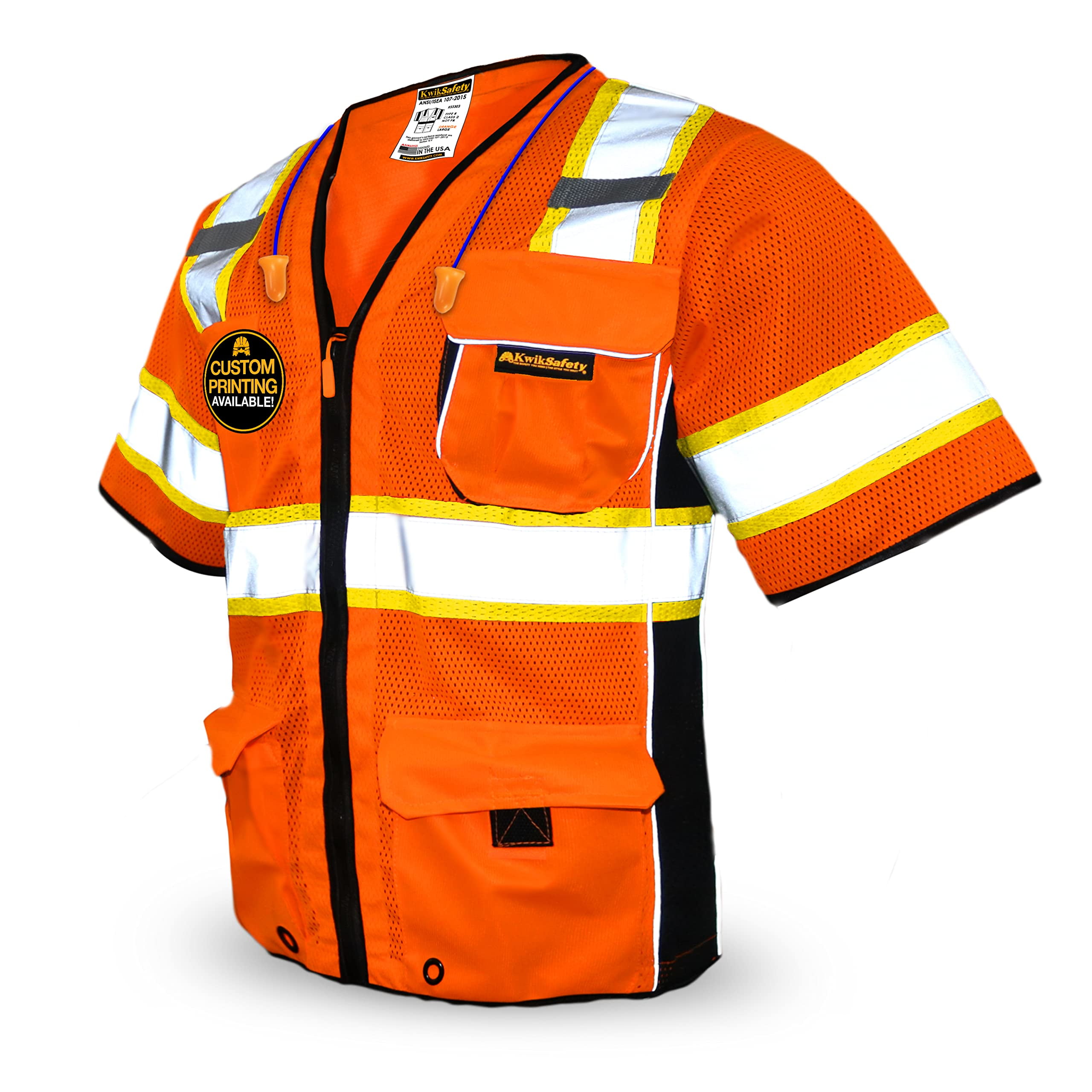 KwikSafety (Charlotte, NC) EXECUTIVE Safety Vest (10 Pockets) Class 3 ANSI OSHA High Visibility Reflective Heavy Duty Mesh Zipper HiVis Construction Work Site HiViz Men Women | Orange Extra Large