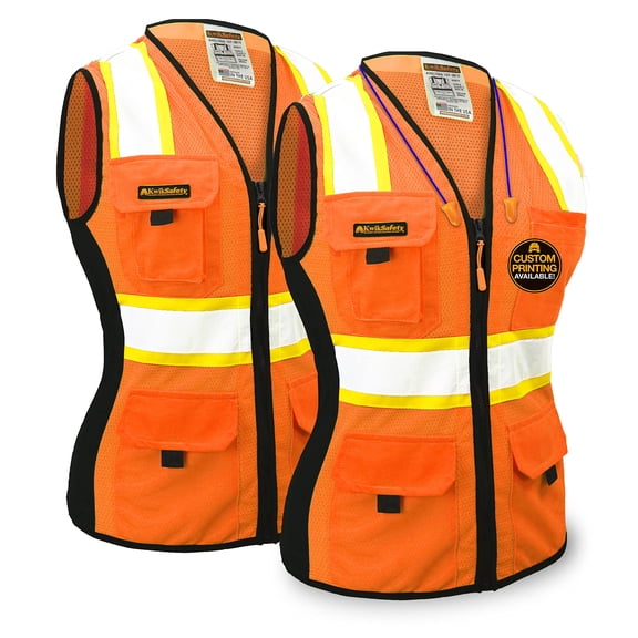 KwikSafety (Charlotte, NC) FIRST LADY | 2 PACK | Safety Vest for Women (Solid REFLECTIVE TAPE) 9 Pockets Premium Class 2 Custom High Visibility ANSI OSHA Fitted Work with Zipper | Orange Small