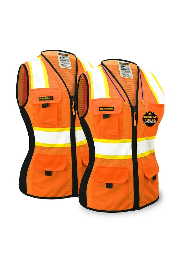 KwikSafety (Charlotte, NC) FIRST LADY | 2 PACK | Safety Vest for Women (Solid REFLECTIVE TAPE) 9 Pockets Premium Class 2 Custom High Visibility ANSI OSHA Fitted Work with Zipper | Orange Small
