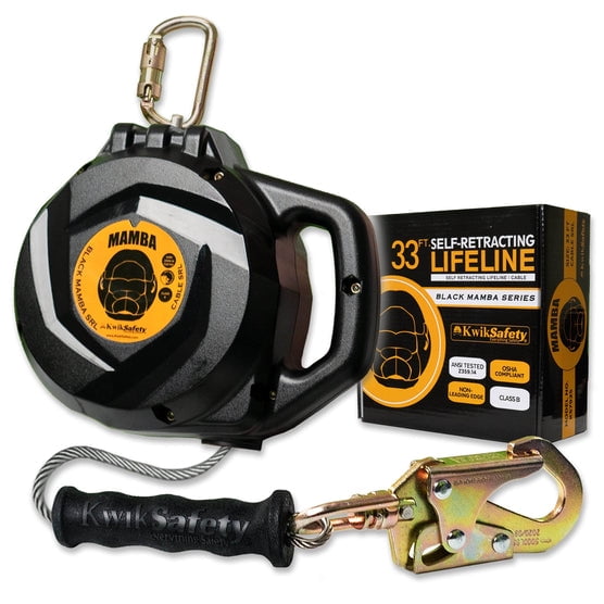 KwikSafety (Charlotte, NC) MAMBA 33’ Self Retracting Lifeline (CARBONATE + Integrated HANDLE) Class B Cable SRL ANSI OSHA Retractable Fall Arrest Protection Safety Yoyo Roofing Construction Gear