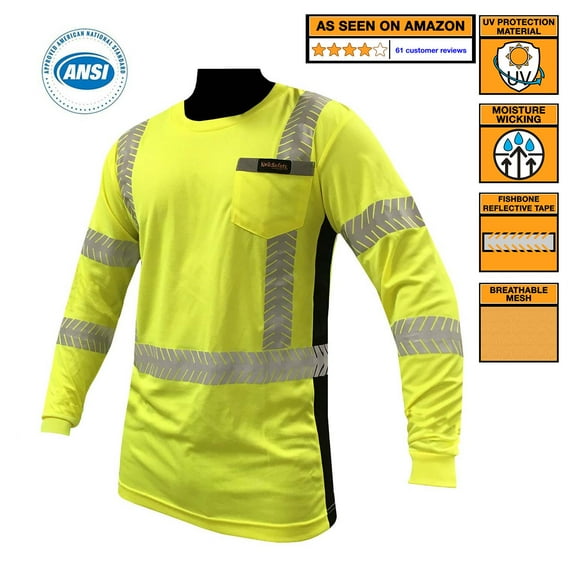 KwikSafety (Charlotte, NC) RENAISSANCE MAN Long Sleeve (w/POCKET) Class 3 ANSI High Visibility Safety Shirt Fishbone Reflective Tape Construction Security Hi Vis Clothing Men | Yellow Small