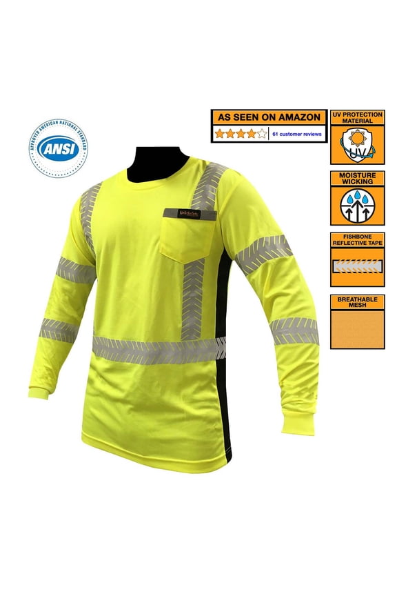 KwikSafety (Charlotte, NC) RENAISSANCE MAN Long Sleeve (w/POCKET) Class 3 ANSI High Visibility Safety Shirt Fishbone Reflective Tape Construction Security Hi Vis Clothing Men | Yellow Small