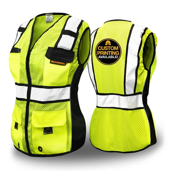 KwikSafety (Charlotte, NC) RoadBOSS Economy Safety Vest for Women (Solid Reflective Tape) 10 Pockets Class 2 Custom High Visibility ANSI OSHA Reflective Construction Work Zipper | Yellow Small