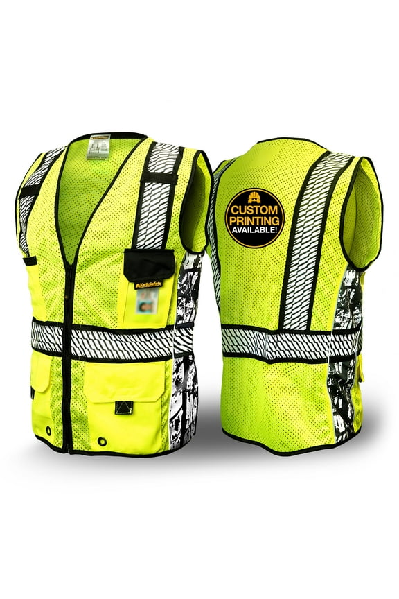 KwikSafety (Charlotte, NC) RoadBOSS Premium Safety Vest (LIMITED EDITION Truck Tread Design) 11 Pockets Class 2 High Visibility ANSI OSHA Construction HiViz Mesh Zipper Men Work | Yellow Small