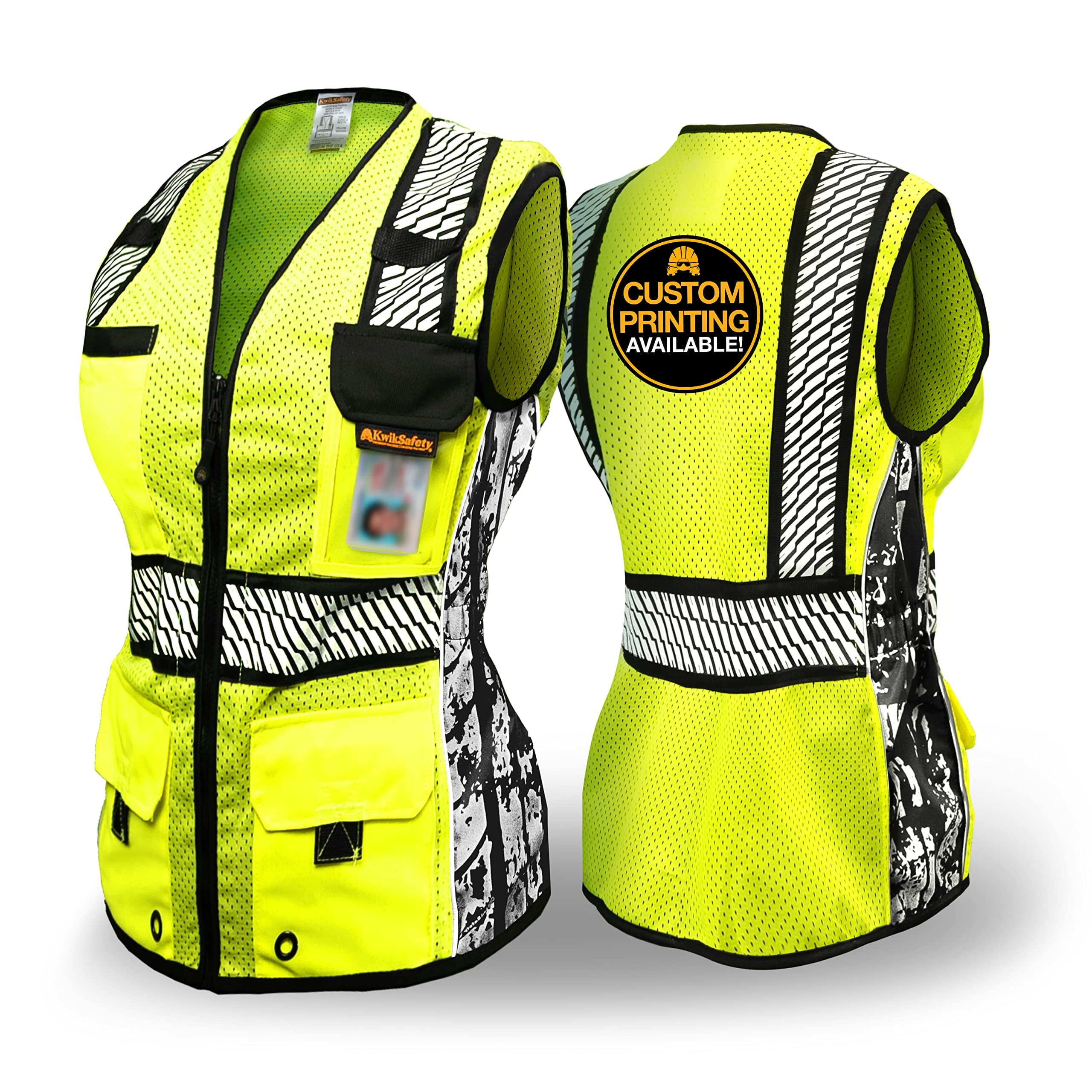 KwikSafety (Charlotte, NC) RoadBOSS Premium Safety Vest for Women (Limited Edition Truck Tread Design) 11 Pockets Class 2 Custom High Visibility ANSI OSHA Reflective Construction | Yellow Large