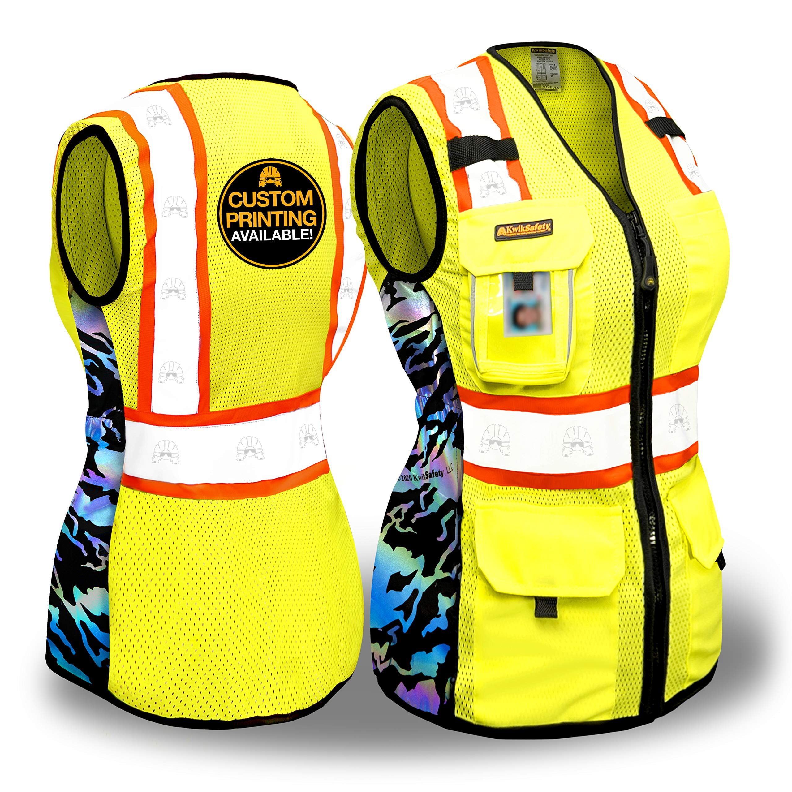 KwikSafety (Charlotte, NC) TIGER QUEEN Safety Vest for Women (IRIDESCENT Design) 9 Pockets Premium Class 2 Custom High Visibility ANSI OSHA Reflective Construction with Zipper | Yellow Small