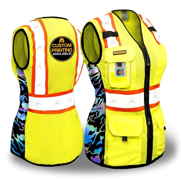 KwikSafety (Charlotte, NC) TIGER QUEEN Safety Vest for Women (IRIDESCENT Design) 9 Pockets Premium Class 2 Custom High Visibility ANSI OSHA Reflective Construction with Zipper | Yellow Small