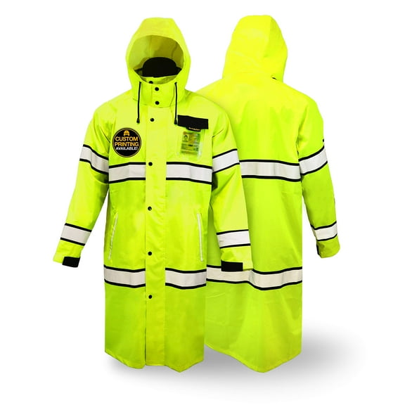 KwikSafety (Charlotte, NC) TORRENT Class 3 Safety Trench Coat | High Visibility Waterproof Windproof Safety Rain Jacket | Hi Vis Reflective ANSI Work Wear | Rain Gear Hideaway Hood Carry Bag | XL