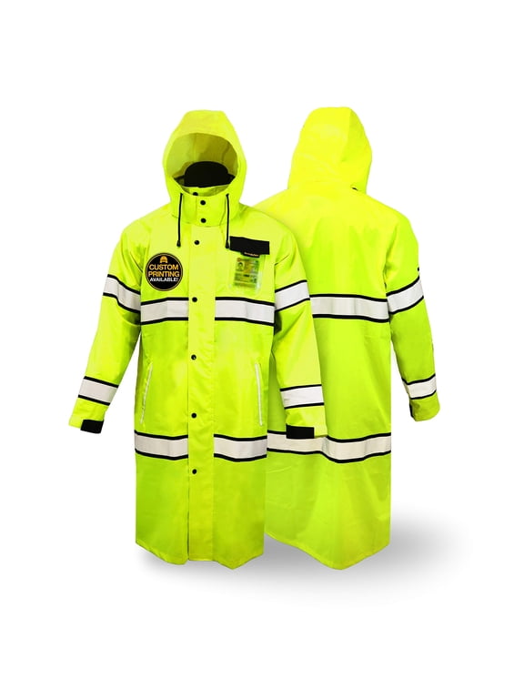 KwikSafety (Charlotte, NC) TORRENT Class 3 Safety Trench Coat | High Visibility Waterproof Windproof Safety Rain Jacket | Hi Vis Reflective ANSI Work Wear | Rain Gear Hideaway Hood Carry Bag | Small