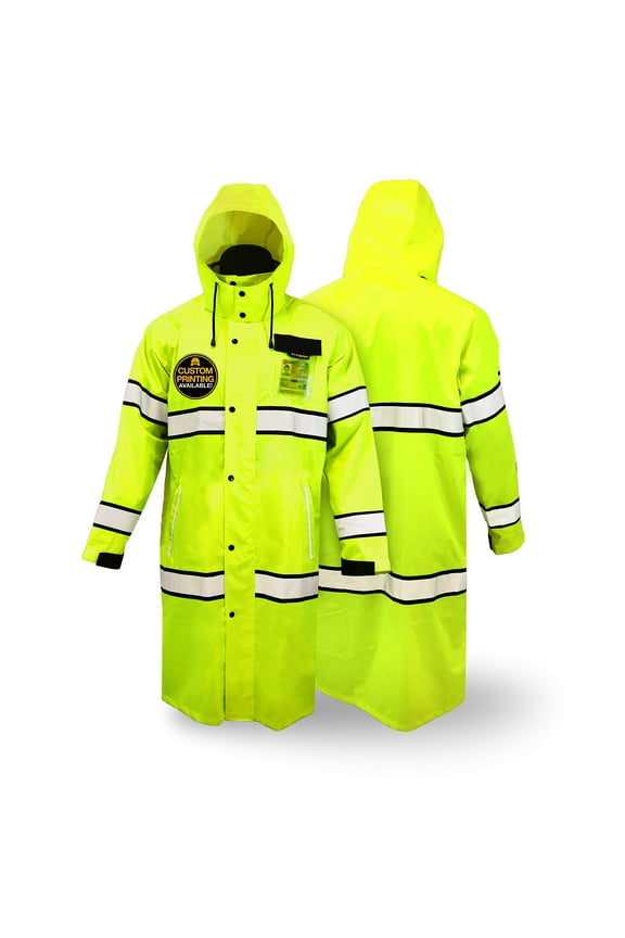 KwikSafety (Charlotte, NC) TORRENT Class 3 Safety Trench Coat | High Visibility Waterproof Windproof Safety Rain Jacket | Hi Vis Reflective ANSI Work Wear | Rain Gear Hideaway Hood Carry Bag | Small