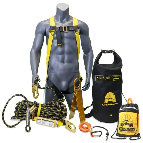 KwikSafety (Charlotte, NC) TSUNAMI KIT (Premium BRAIDED ROPE) Vertical Lifeline, 1-D Ring Safety Harness, Lightweight Tool Lanyard, Roof Anchor, 10L Dry Bag ANSI OSHA Fall Protection System | 25 FT.